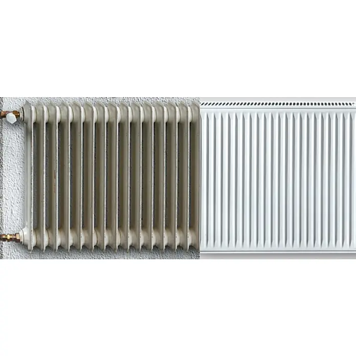 Austauschheizkörper - B x H: 1.000 x 550 mm, Wärmeleistung bei Vorlauftemperatur von 75 °C (D: 50): 1.261 W, Typ Heizkörper: 21 - Zwei Heizkörper im Vergleich: Ein älterer Gliederheizkörper und ein moderner, weißer Plattenheizkörper.