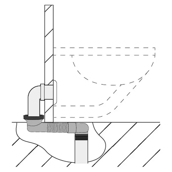 WC-Anschlussbogen - Durchmesser: 90 mm, Grau - Schema der internen Verrohrung für ein wandhängendes WC, mit grauem L-Rohr und flexiblem Abflussrohr zum Fallrohr.