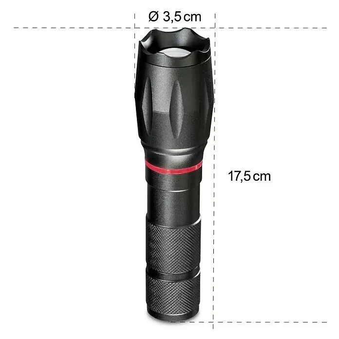 Hama Taschenlampe Solid Pro - 200 lm - Schwarze Taschenlampe mit texturiertem Griff und rotem Akzent, 3,5 cm Durchmesser, 17,5 cm Länge.