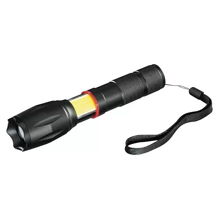 Hama Taschenlampe Solid Pro - 200 lm - Schwarze Taschenlampe mit leuchtender Seitenleiste und Handschlaufe.