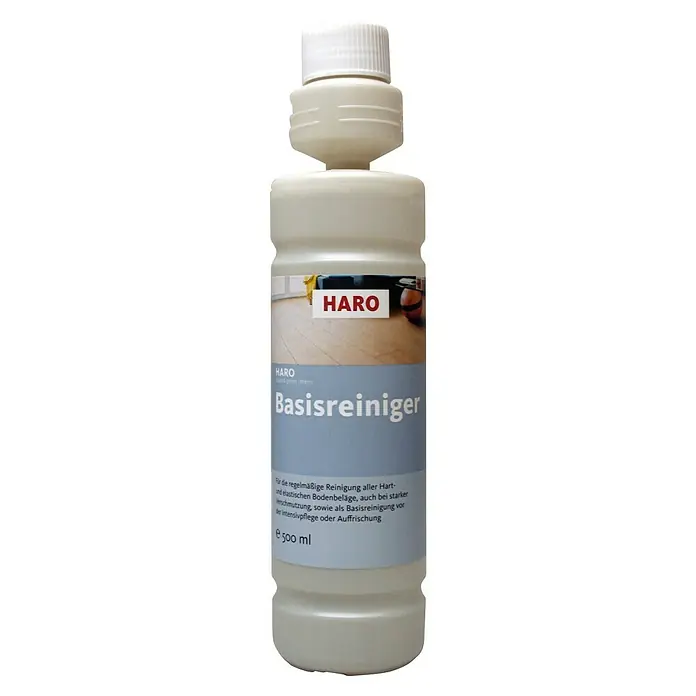 Haro Grundreiniger Clean & Green intens - 500 ml, Geeignet für: Laminat - Das Bild zeigt eine Flasche HARO Basisreiniger für die Reinigung von Hart- und elastischen Böden. Die Flasche ist weiß mit blauem Etikett.