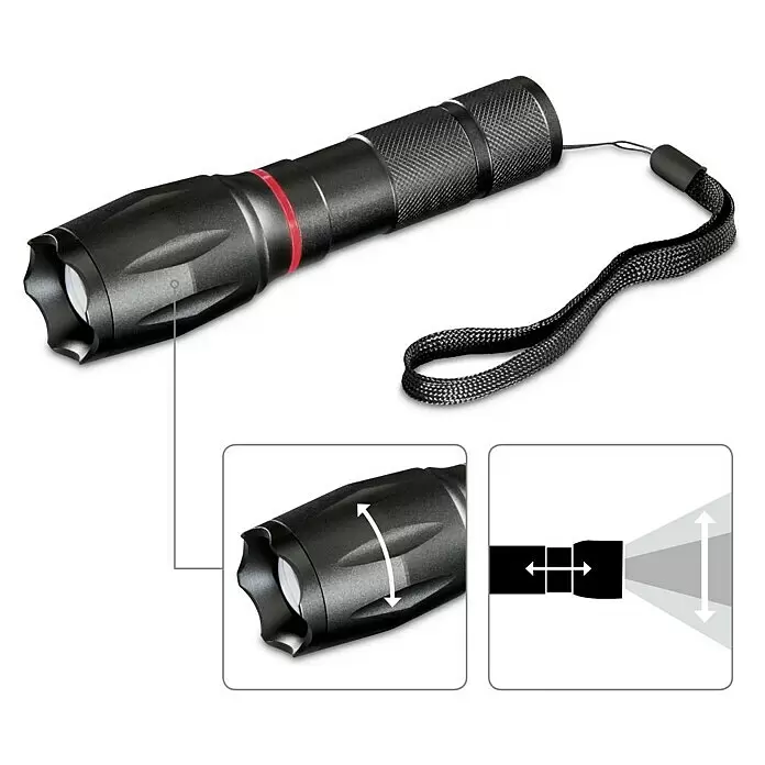 Hama Taschenlampe Solid Pro - 200 lm - Schwarze Taschenlampe mit Handschlaufe und verstellbarem Fokusmechanismus, der durch Drehen des Vorderteils die Strahlbreite ändert.