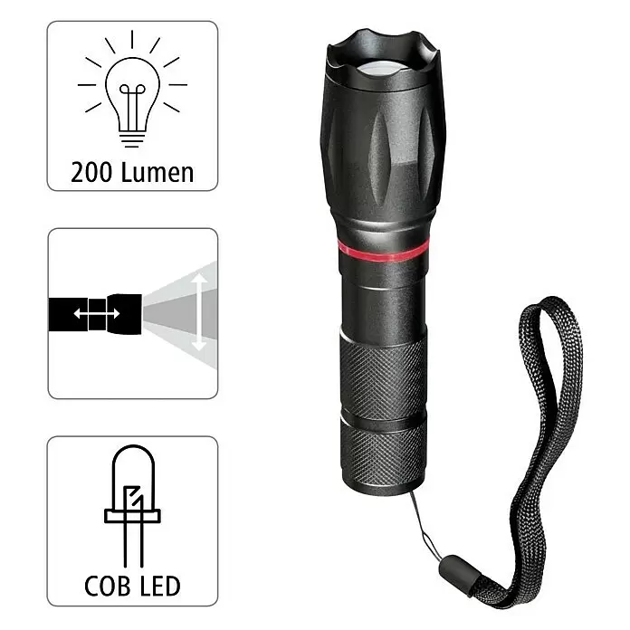 Hama Taschenlampe Solid Pro - 200 lm - Schwarze Taschenlampe mit strukturiertem Griff, rotem Akzent, Handschlaufe und Symbolen für 200 Lumen, Zoomfunktion und COB-LED.