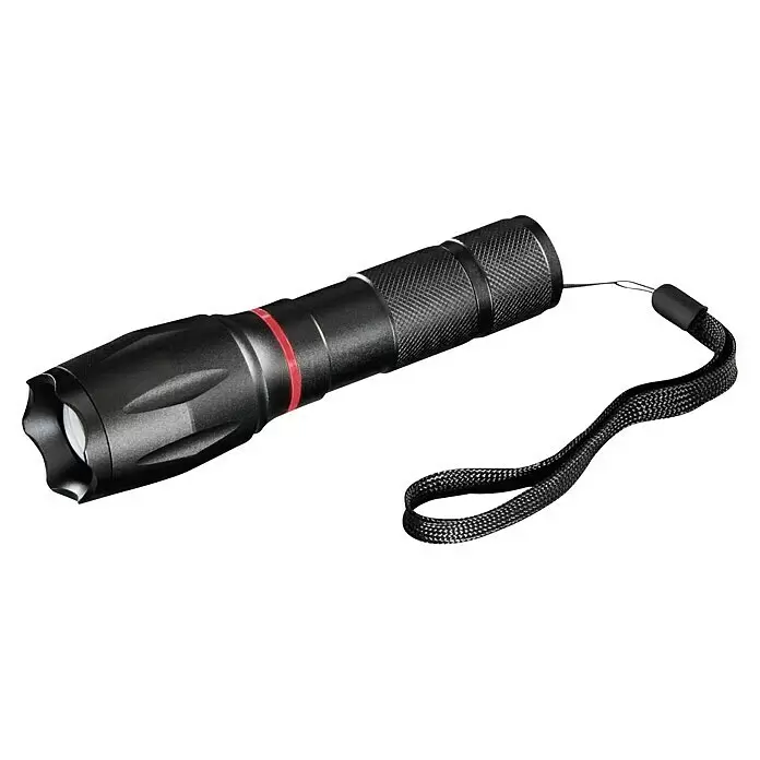 Hama Taschenlampe Solid Pro - 200 lm - Schwarze Taschenlampe mit gerändeltem Griff, rotem Akzent und Handschlaufe.