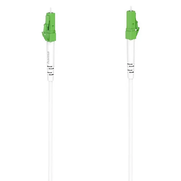 Hama Glasfaser-Netzwerkkabel 00200798LC/APC-Stecker - LC/APC-Stecker 10 Gbit/s - 15 m, Weiß - Zwei weiße Glasfaserkabel mit grünen Steckern.