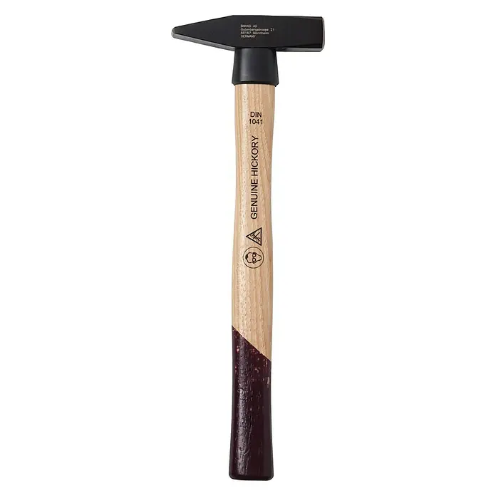 Wisent Schlosserhammer200 g, Holz Hickory - Ein schwarzer Hammer mit einem hellen Holzgriff und der Aufschrift "GENUINE HICKORY".