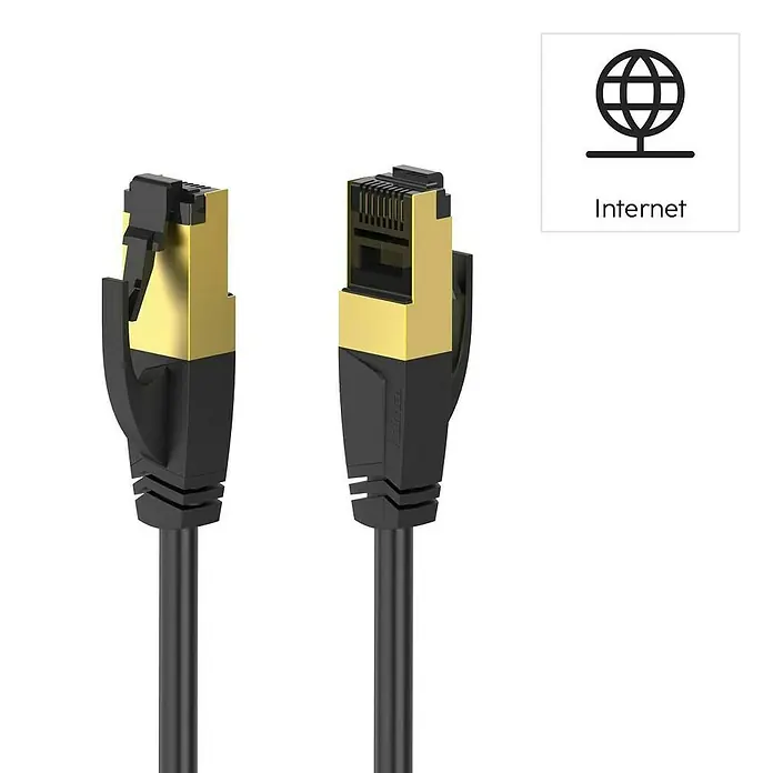 Hama Netzwerk-Kabel - CAT8, Länge: 0,5 m, Schwarz, RJ45-Stecker, Bis zu 40 Gbit/s - Abbildung eines Ethernet-Kabels mit goldenen Anschlüssen für eine schnelle und zuverlässige Netzwerkverbindung.