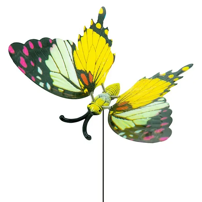 Pflanzenstecker Schmetterling - L x B x H: 15 x 21 x 60 cm, Kunststoff, Gelb - Schmetterling-Gartenstecker mit gelben und rosa Akzenten. Gartendeko für lebendige und farbenfrohe Außenbereiche.