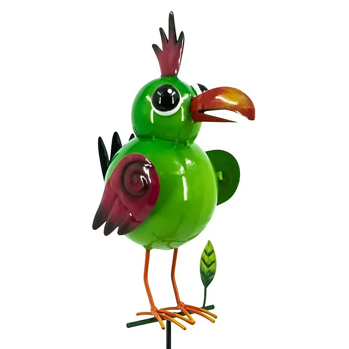 Pflanzenstecker Vogel - L x B x H: 14 x 9 x 71,5 cm, Metall, Grün - Bunte Metallgartenfigur eines stilisierten Papageis. Die Gartenfigur hat rote und orangefarbene Akzente und einen glänzenden grünen Körper.