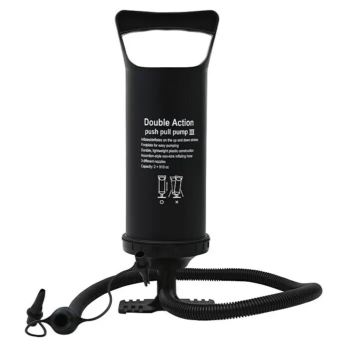 Luftpumpe - Volumen: 0,9 l - Schwarze Doppelhub-Handpumpe mit Akkordeonschlauch und Düsen zum Aufblasen und Entleeren.
