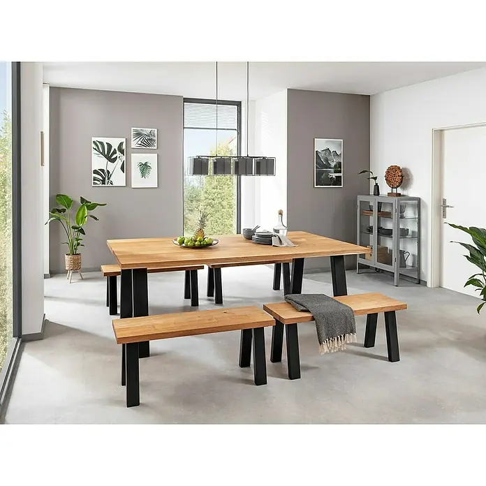 Pur Iternal Select Tischbein - 330 x 100 x 390 mm, Schwarz, U-Form - Einladender Essbereich mit einem Holztisch, Bänken mit schwarzen Beinen und einer modernen Hängeleuchte für stilvolle Mahlzeiten.