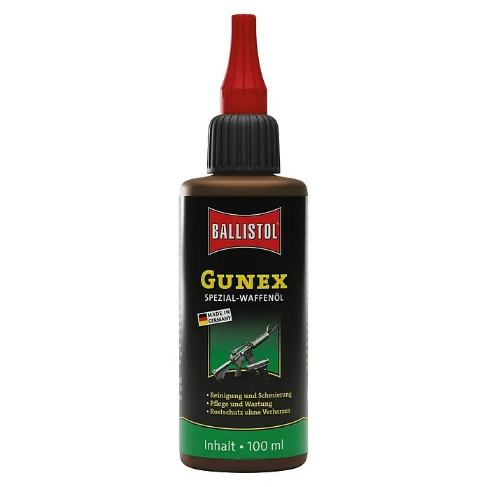 Ballistol Spezialöl Gunex - Passend für: Jagd- und Sportwaffen / Pistolen / Revolvern - Abbildung einer Flasche Ballistol Gunex Spezial-Waffenöl mit roter Spitze und einer Abbildung eines Gewehrs auf dem Etikett.