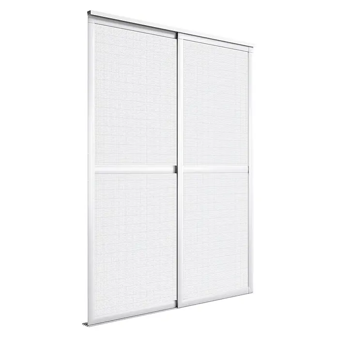 Mosquitera - An x Al: 240 x 240 cm, Montaje de la mosquitera: Inserción, Color bastidor: Blanco - Vista de un armario de puertas correderas blanco de dos paneles. El armario tiene un diseño moderno y aerodinámico con una superficie reticular.