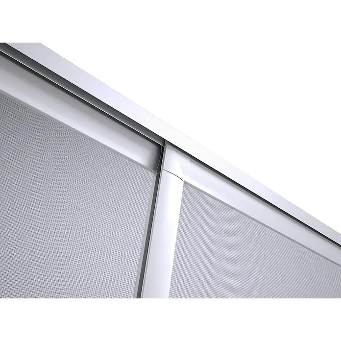 Mosquitera - An x Al: 240 x 240 cm, Montaje de la mosquitera: Inserción, Color bastidor: Blanco - Primer plano de una elegante puerta corredera con marco plateado y malla fina, ideal para espacios modernos.
