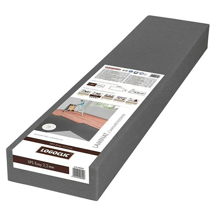 LOGOCLIC Dämmunterlage XPS Easy - 15 m², Stärke: 2,2 mm - Graues LOGOCLIC XPS Easy 2,2 mm Laminatunterlage-Paket, geeignet für Laminatböden, mit Produktinformationen und technischen Daten auf der Verpackung.