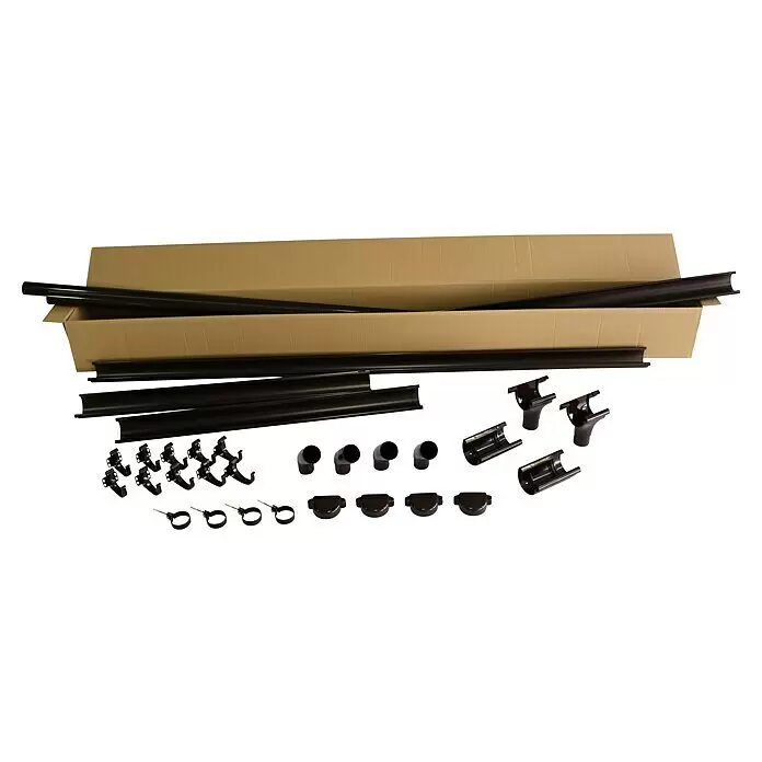 Marley Dachrinnen-Set - Nennweite: 75 mm, Passend für: Gartenhäuser Seitenlänge bis 3 m, Braun, Kunststoff - Braune PVC-Dachrinnensystemkomponenten: Rinnenabschnitte, Fallrohrbögen, Endkappen, Halterungen und Schellen, teils in einem Karton.