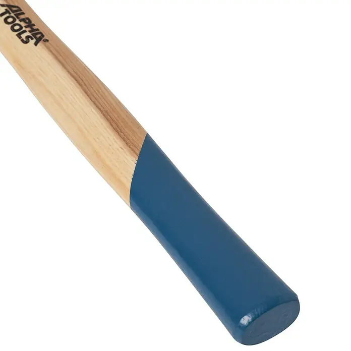 Alpha Tools Schlosserhammer - 300 g, Eschenholz - Nahaufnahme des blauen Holzstiels eines ALPHA TOOLS Hammers, der auf einem weißen Hintergrund liegt.