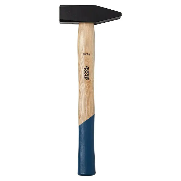 Alpha Tools Martillo de cerrajero - 1.000 g, Acero - Primer plano de un martillo de cerrajero de 1000g con cabeza negra y mango de madera pintado de azul, ideal para trabajos de precisión.