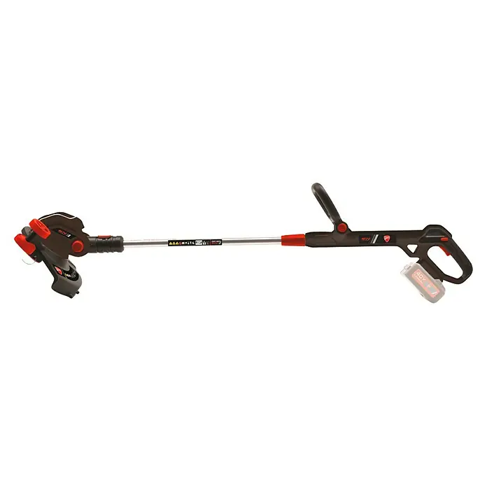 Ducati Recortabordes de batería DGT401L - 40 V, 2,5 Ah, Iones de litio, Sin batería, Ancho de corte hilo: 30 cm - Un cortasetos inalámbrico Ducati con mango negro y detalles rojos, diseñado para la poda de jardines precisa.