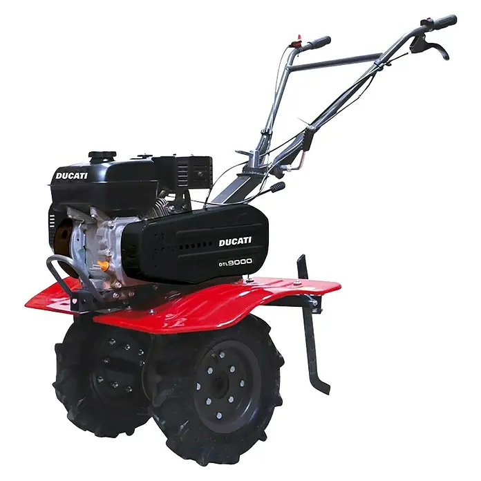 Ducati Azada de gasolina DTL9000 - 4,1 kW, 4 tiempos, Recomendación máxima de superficie: 1.500 m² - Imagen de una motoazada roja Ducati, ideal para la preparación del suelo. Ofrece alto rendimiento y facilidad de uso para cada jardinero.