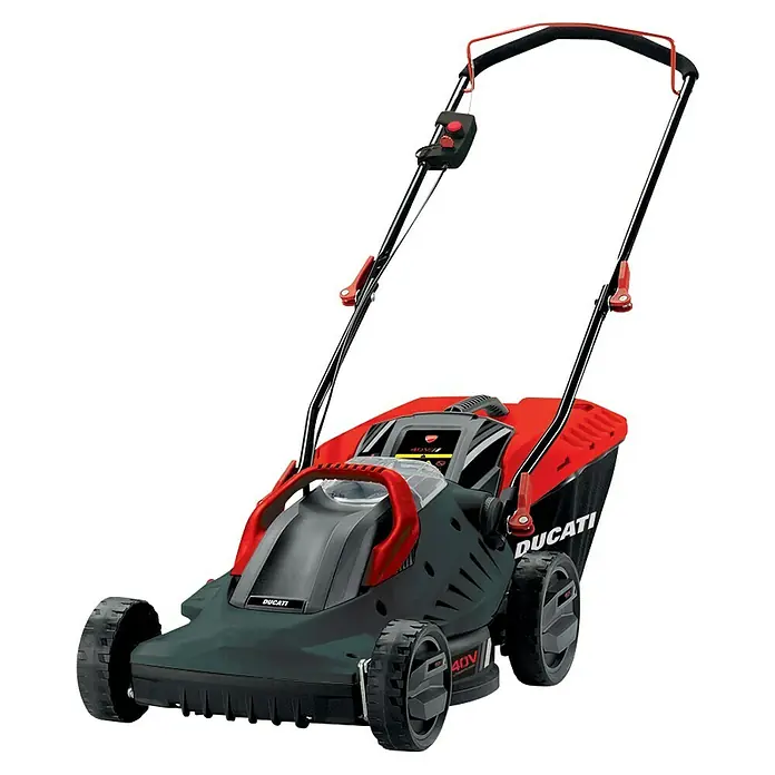 Ducati Cortacésped de batería DLM4016L - 40 V, Sin batería, Ancho de corte: 37 cm - El cortacésped a batería Ducati en rojo/negro, una herramienta de jardinería de alto rendimiento para el cuidado del césped.