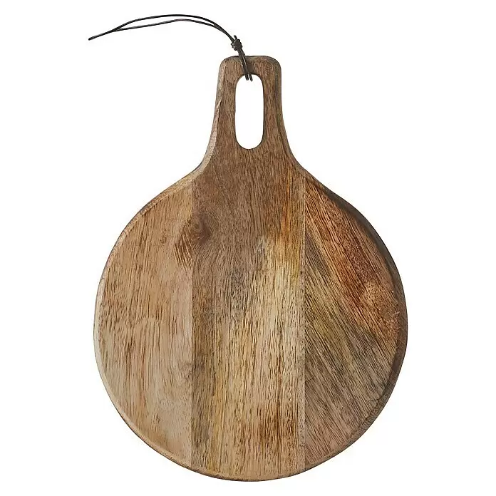 Massivholzbrett Duko - 29 x 22 cm, Mango - Rundes Holzschneidebrett mit Griff und Lederschlaufe.