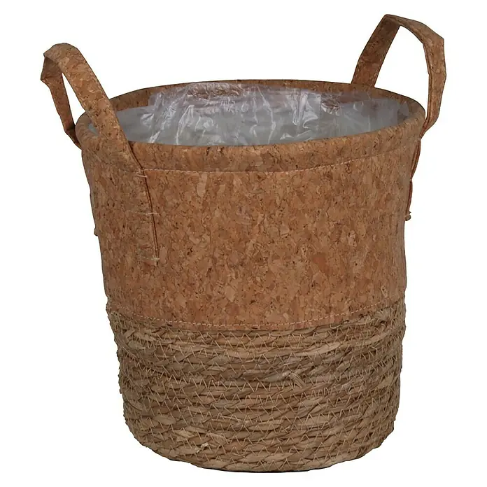 A.H.G. Pflanzkorb - Außenmaß (Ø x H): 21 x 22 cm, Naturmaterialien, Naturbraun - Korb aus Kork und Rattan mit Tragegriffen. Der Korb hat eine Kunststoffauskleidung und eignet sich ideal als Übertopf.