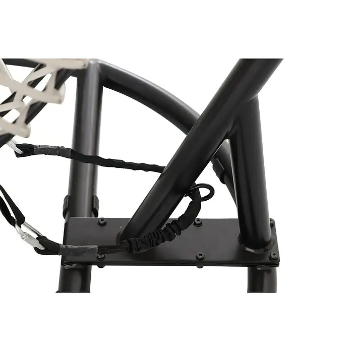 Sunfun Hamaca colgante Cozumel - Antracita, Altura: 196 cm - Primer plano de una canasta de baloncesto con marco de metal negro y red blanca, fijada con una goma elástica negra.