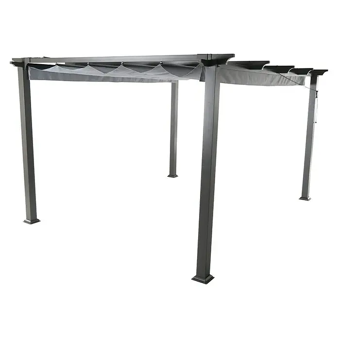 Sunfun Techo de repuesto - Específico para: Sunfun Pérgola con toldo corredero Kreta - Esta foto muestra una pérgola con un techo de tela gris, que proporciona sombra y un elegante acento exterior.
