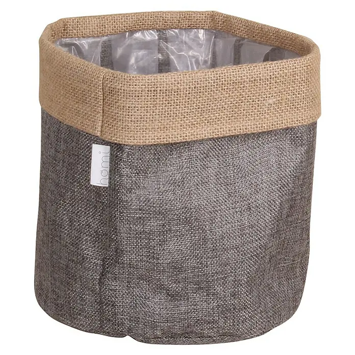 A.H.G. Pflanzkorb - Außenmaß (Ø x H): 15 x 15 cm, Kunststoff, Natur-grau - Ein quadratischer, grauer Übertopf mit Jute-Abschluss und transparentem Innenfutter, ideal für Zimmerpflanzen.