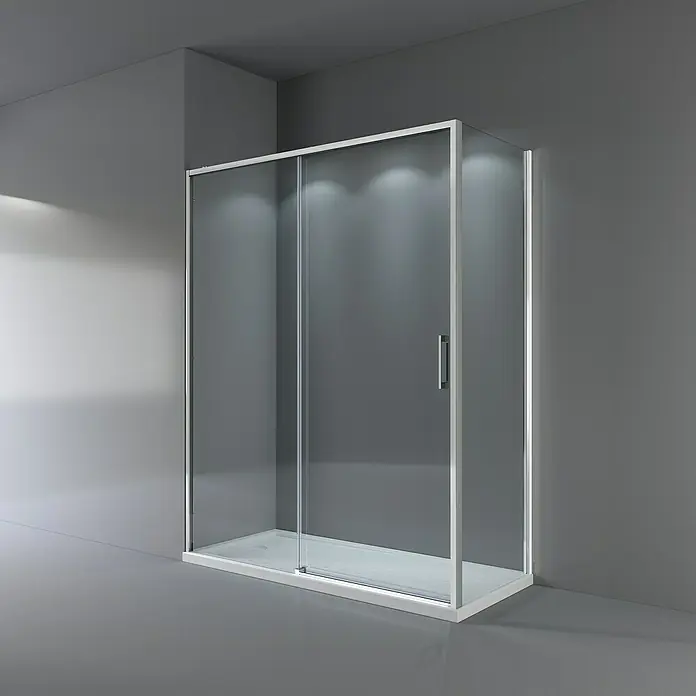 Camargue Mampara de ducha frontal Bali - L x An x Al: 70 x 100 x 195 cm, Cromo, Espesor de vidrio: 5 mm - Una zona de ducha moderna con una elegante mampara rectangular con paneles de vidrio transparente y un marco blanco elegante.