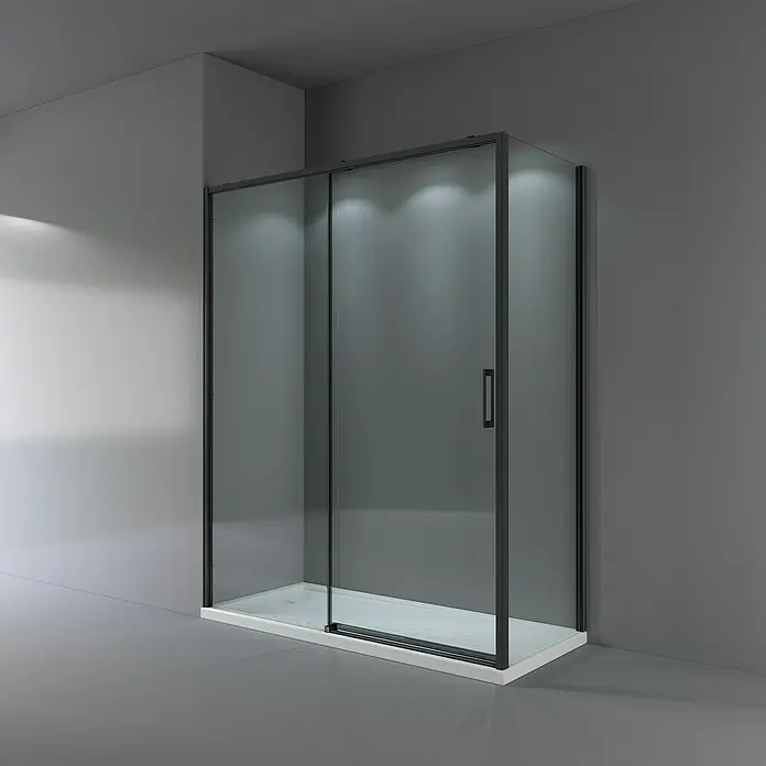 Camargue Mampara de ducha frontal Bali - L x An x Al: 80 x 120 x 195 cm, Negro, Espesor de vidrio: 5 mm - Cabina de ducha negra con puertas correderas en un baño moderno, mostrando diseño elegante y funcionalidad.