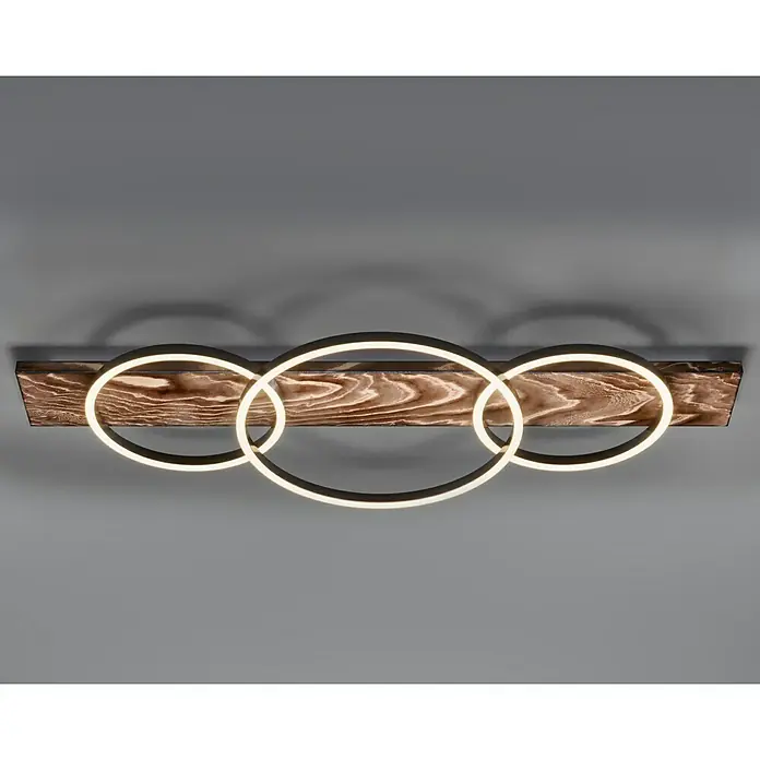 Eglo Boyal LED-Deckenleuchte - 37,5 W, 101 x 40 x 9,5 cm, Schwarz/Holz rustikal, Warmweiß, Anzahl Leuchtmittel: 3 Stk. - Moderne Deckenleuchte mit drei LED-Ringen auf einem Holzbrett. Ein echter Hingucker für jedes Zimmer mit warmer, einladender Beleuchtung.