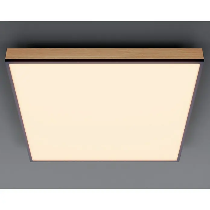 Globo Doro Panel LED - 24 W, 45 x 45 cm, Marrón, Blanco cálido - Primer plano de una lámpara de techo LED cuadrada con marco de madera y luz blanca cálida.