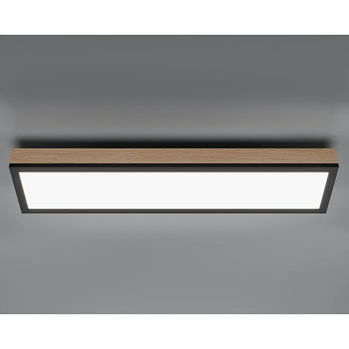 Globo Doro LED-Panel Holzoptik - 24 W, 80 x 20 cm, Holzoptik/Graphit, Mehrfarbig - Moderne Deckenleuchte mit Holzrahmen und schwarzem Rand, die ein helles, rechteckiges Licht erzeugt.