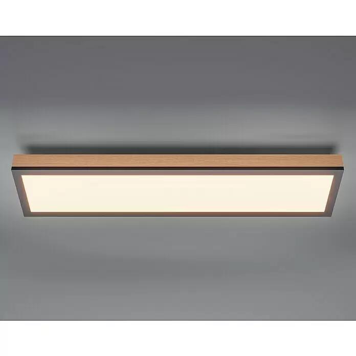 Globo Doro Panel LED - 36 W, 120 x 30 cm, Marrón, Blanco cálido - Lámpara de techo LED rectangular con marco de madera clara, borde oscuro y luz cálida difusa.