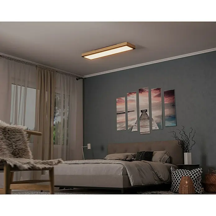 Globo Doro LED-Panel Holzoptik - 36 W, 120 x 30 cm, Holzoptik/Graphit, Warmweiß - Die moderne Deckenleuchte mit Holzrahmen erhellt das Schlafzimmer. Warmes Licht sorgt für eine angenehme Atmosphäre.