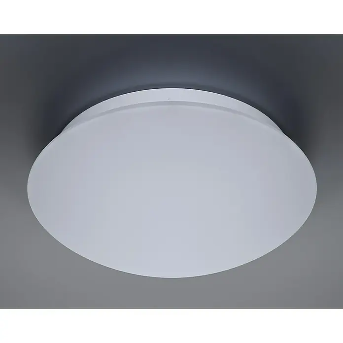 Steinel Sensor-Wand- & Deckenleuchte RS 16 L weiß - 60 W, L x B x H: 27,5 x 27,5 x 9,5 cm, Weiß, E27 - Nahaufnahme einer runden, weißen Deckenleuchte, die ein modernes und minimalistisches Design für die Inneneinrichtung zeigt.