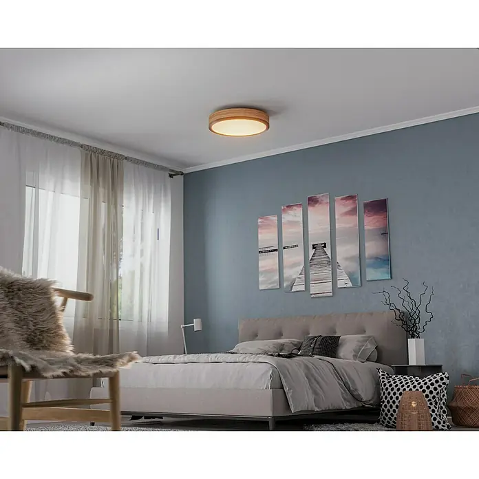 Globo Doro LED-Deckenleuchte rund Holzoptik - 12 W, Durchmesser: 30 cm, Graphit/Holzoptik, Warmweiß - Das runde Deckenlicht mit Holzrahmen sorgt für eine warme Atmosphäre im Schlafzimmer. Die Leuchte spendet ein angenehmes Licht.