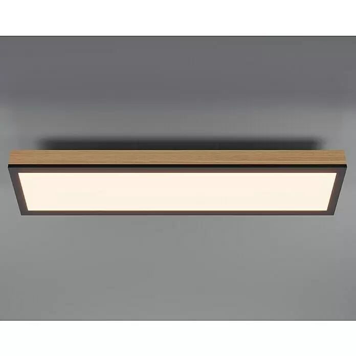 Globo Doro Panel LED - 18 W, 60 x 15 cm, Marrón, Blanco cálido - Lámpara de techo rectangular con parte superior de madera y marco negro, con panel iluminado.