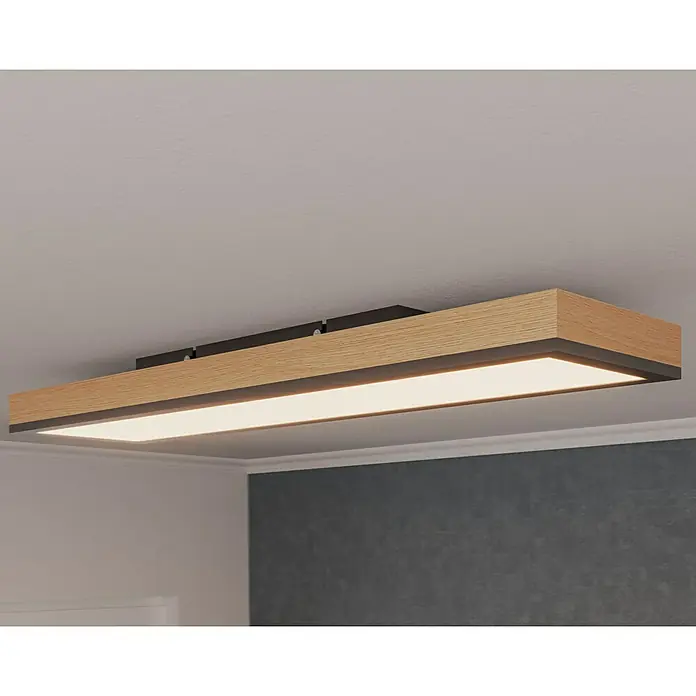 Globo Doro LED-Panel Holzoptik - 36 W, 120 x 30 cm, Holzoptik/Graphit, Warmweiß - Moderne LED-Deckenleuchte mit Holzrahmen und schlankem Design, die ein helles und gleichmäßiges Licht in jeden Raum bringt.