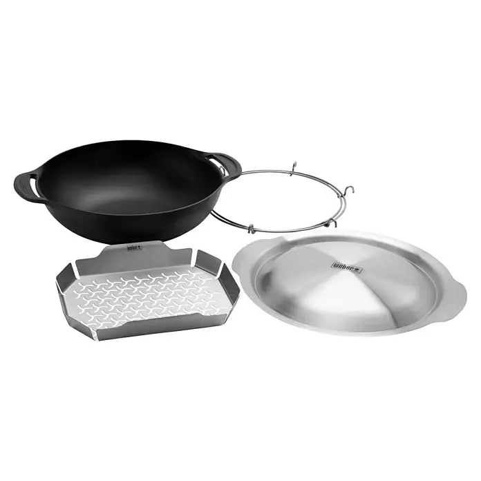 Weber Crafted Grillwok Set - Edelstahl, 4 -tlg. - Produktabbildung eines Weber Wok-Sets, bestehend aus einem Wok, einem Wok-Aufsatz, einem Kohlekorb und einer Servierplatte.
