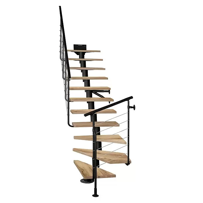 Atrium Mittelholmtreppe Dixi Plus - Farbton Metall: RAL 9005, Breite: 70 cm, Eiche, 1/4-gewendelt, Geschosshöhe: 222 cm - 300 cm - Moderne Wendeltreppe mit hellen Holzstufen, schwarzem Mittelpfosten und schwarzen Metallgeländern mit Stahlseilfüllung.