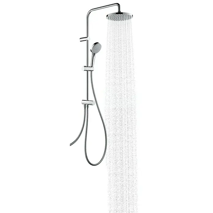 Hansgrohe Vernis Blend Sistema de ducha - Distancia entre orificios: 87,9 cm, Número de tipos de chorro: 2 ud., Cromo - Imagen de un moderno sistema de ducha con rociadores de lluvia y de mano en acabado cromado, con agua fluyendo. Un diseño elegante para una experiencia de ducha.
