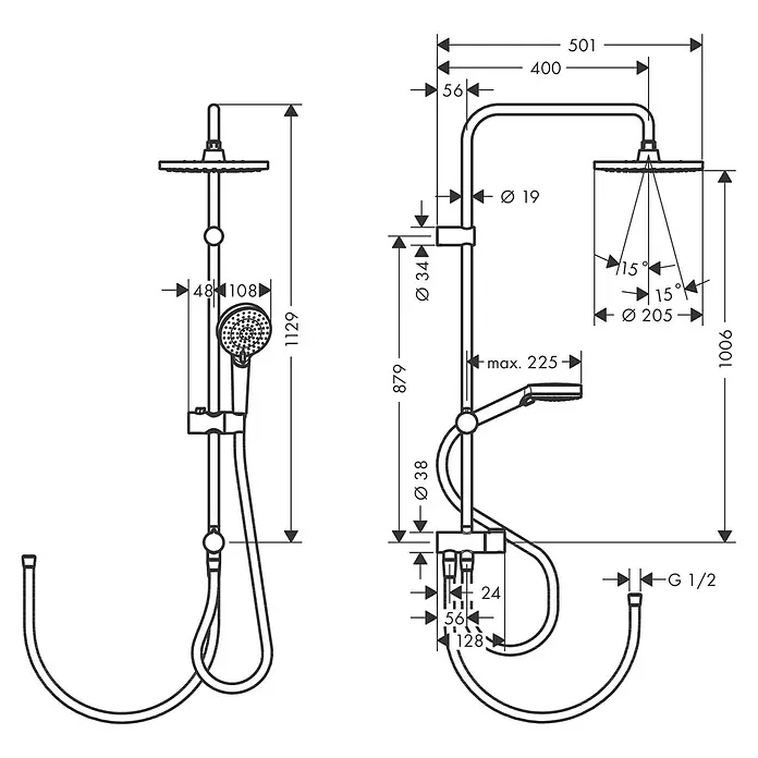 Hansgrohe Vernis Blend Duschsystem 200 - Lochabstand: 87,9 cm, Anzahl Strahlarten: 2 Stk., Chrom - Technische Zeichnung der Duschgarnitur mit Maßen. Perfekt für detaillierte Badplanungen und Installationen.