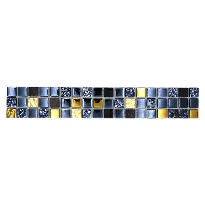 Fliesenbordüre YBO M650 - 30 x 4,8 cm, Schwarz/Gold, Glänzend - Nahaufnahme einer Keramikfliese mit quadratischen Mosaiken in Blau-, Schwarz- und Goldtönen für ein elegantes Fliesendesign.