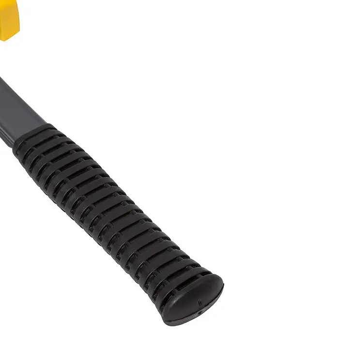Halder Secural Schonhammer - Maße Kopf: 30 x 40 mm, Mittelhart - Detailaufnahme des schwarzen, gerippten Griffs eines Hammers mit grauem Schaft und gelbem Kopf. Werkzeug für Handwerker.