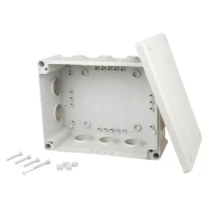 Feuchtraum-Abzweigdose - 166 x 116 x 70 mm, Aufputz, IP66 - Weiße Kunststoff-Abzweigdose mit offenem Deckel, zeigt Kabeleinführungen und Befestigungspunkte. Inklusive kleiner Zubehörstopfen.