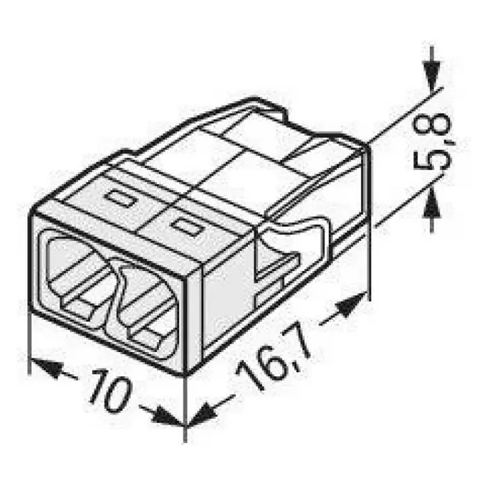 Wago Steckklemme 2273-202 - Anzahl Leiter: 2 Stk., 0,5 mm² - 2,5 mm², 100 Stk. - Schematische Darstellung einer Wago-Klemme mit Maßangaben. Die Wago-Klemme ist ein Verbindungselement für elektrische Leitungen.