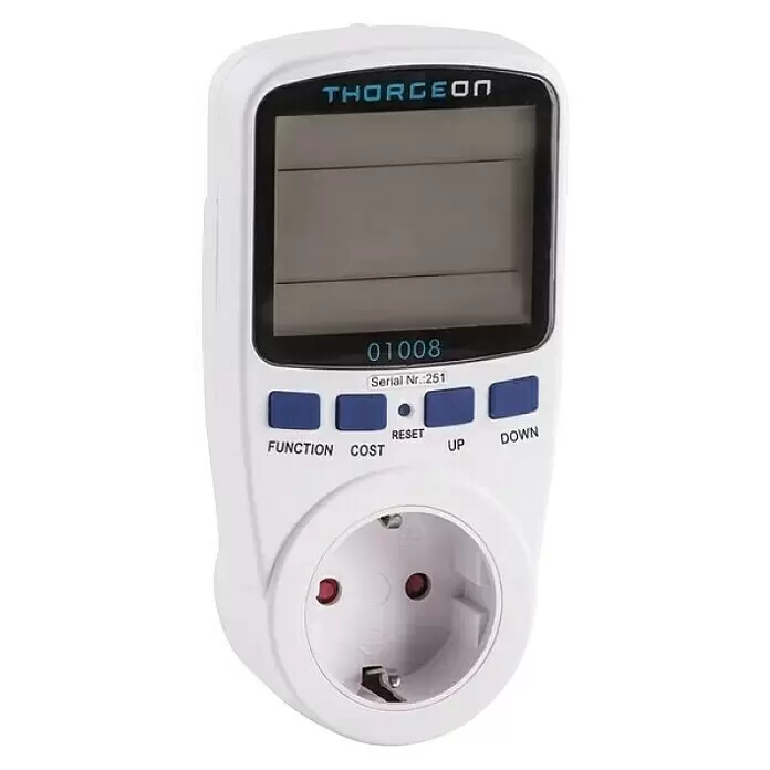Thorgeon Energiekosten-Messgerät - Display, 230 V, Max. Anschlussleistung: 3.680 W - Weißes digitales Energiemessgerät mit Eurosteckdose und blauen Bedientasten zur Stromverbrauchsmessung.